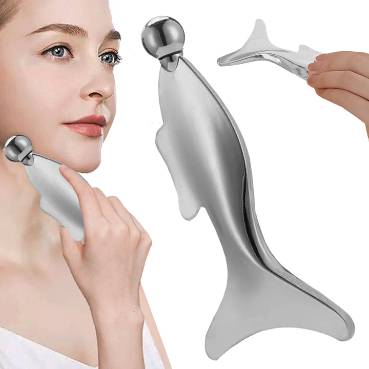 Aparat pentru masaj facial, Zola, forma de peste cu coada Gua Sha, piele ferma, 13x7x1.5 cm, argintiu