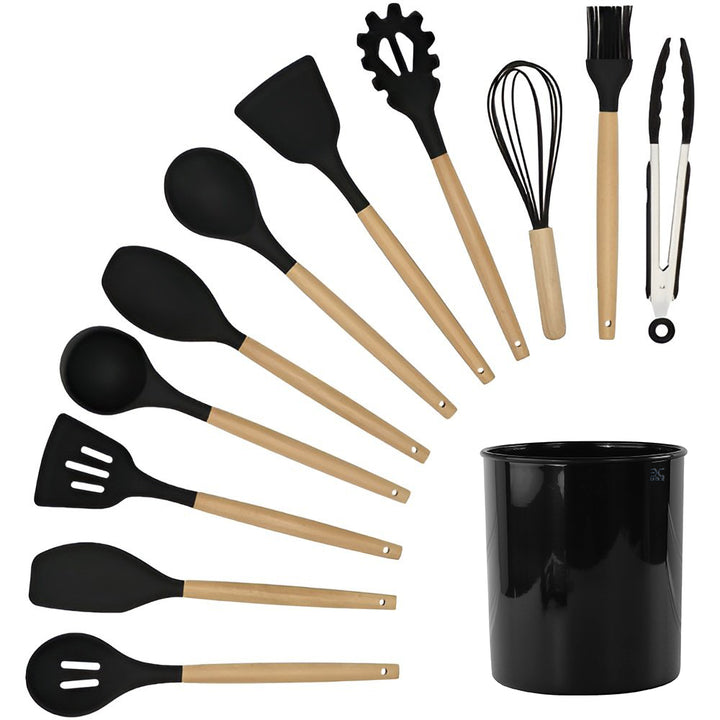 Set 11 ustensile de gatit din silicon, UBX®, maner rezistent din lemn, rezistente la caldura, suport depozitare, negru