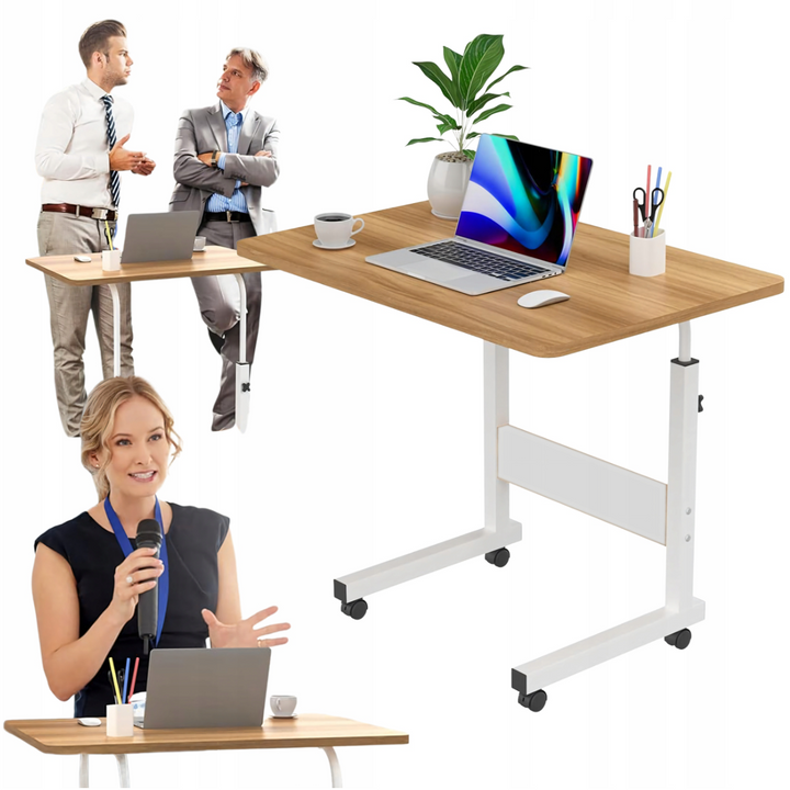 Birou mobil pentru laptop, Zola, 60 x 40 x 69-90 cm, inaltime reglabila, roti pivotante, mecanism blocare, cadru metalic, PAL, alb/artar