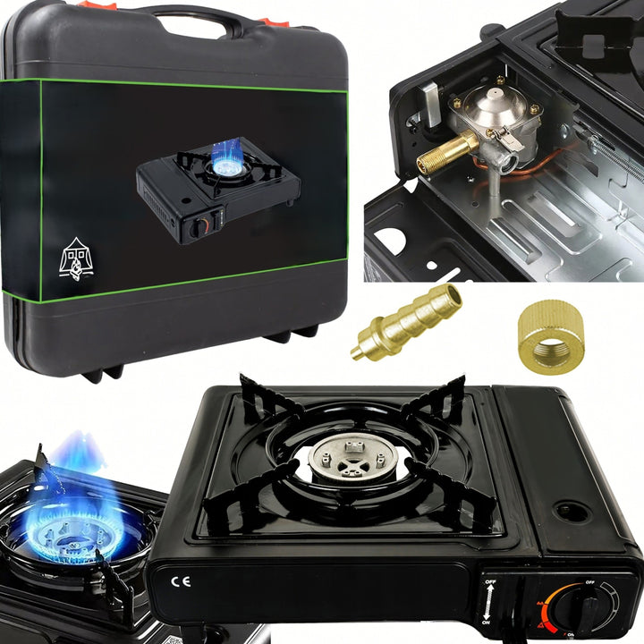 Aragaz portabil 2 in 1 pentru camping, Zola, alimentare cartus/butelie gaz, aprindere automata, reglarea flacarii, 2500W, 160g/h, metal, valiza transport, 34 x 28 x 11 cm, negru