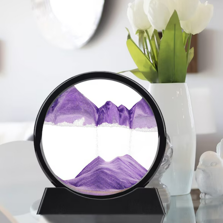 Decoratiune 3D de masa, Zola®, cu nisip in miscare, tip clepsidra, plastic si sticla, 18x9 cm, mov