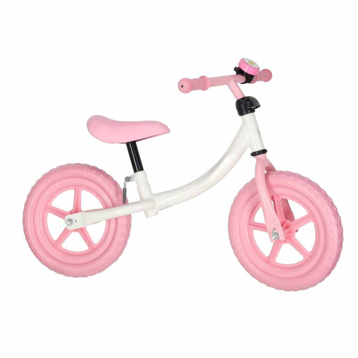 Bicicleta de echilibru fara pedale pentru copii, Zola, sa si ghidon reglabile, roti EVA, sonerie, suporta 30 kg, alb/roz