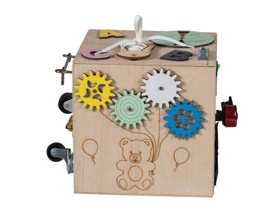 Cub educativ montessori, Zola®, 6 laturi,cu activitati care dezvolta inteligenta copilului si  motricitatii fine, lemn, culori placute, 20.5 x 20.5 x 20.5 cm