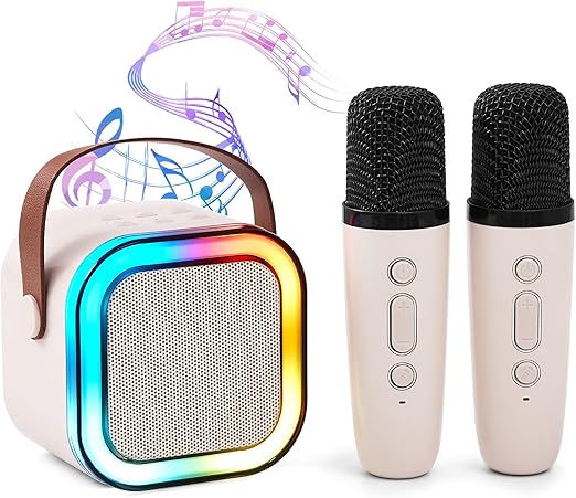 Set karaoke, Zola, difuzor cu 2 microfoane, raza de actiune pana la 10 m, efecte de voce original/femeie/barbat/copil/monstru, bluetooth 5.3, 5W, iluminare LED, crem