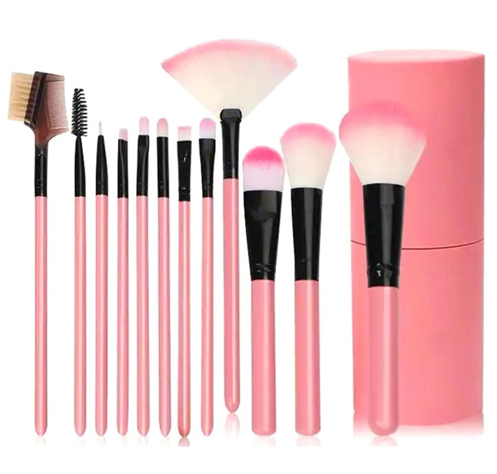 Set 12 pensule pentru machiaj, UBX, cutie de depozitare, din plastic si nailon, 18x5x6.5 cm, roz piersica