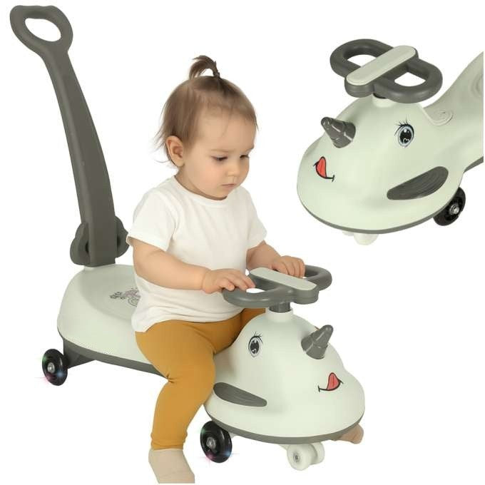 Masinuta gravitationala pentru copii, Zola, Swing car, model unicorn, efecte sonore si luminoase, maner ghidare, greutate maxima suportata 65 Kg, 65 x 28 x 75 cm, alba