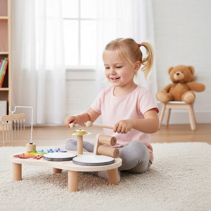 Masuta muzicala Montessori, Zola, xilofon, tobe, clopotei, pentru dezvoltarea senzoriala si motorie, lemn, 24.5 x 38.5 x 23.5 cm, multicolora