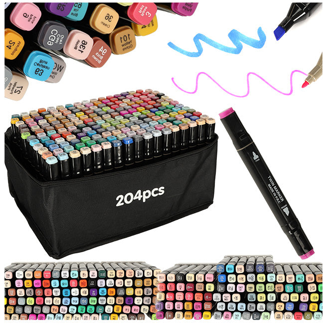 Set 204 markere,  Zola®, 2 capete subtire si gros, cu geanta de depozitare, multicolore