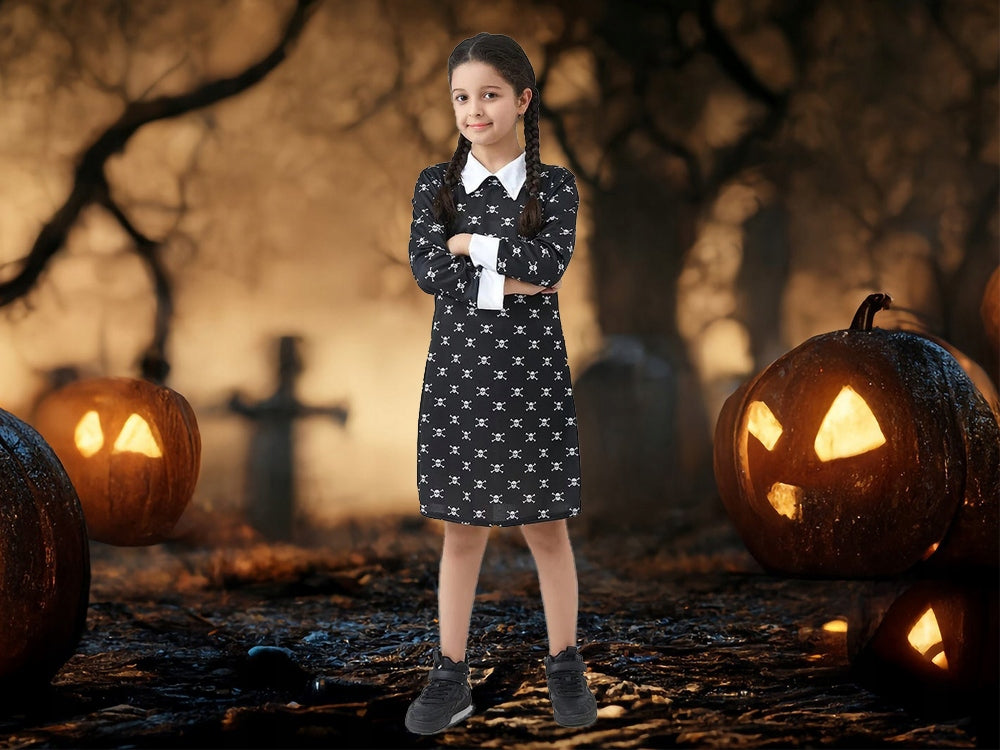 Rochita pentru carnaval Halloween, Zola, model Wednesday Addams, marimea 125-135 cm