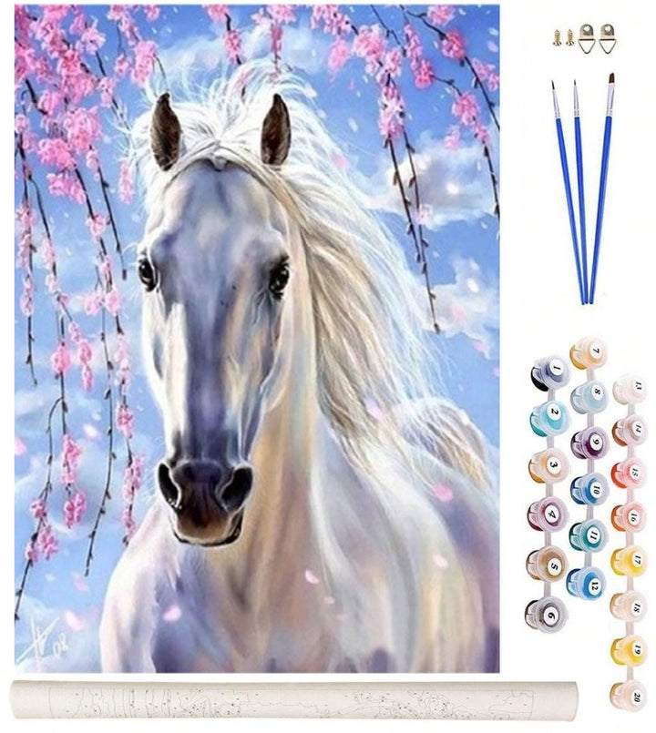 Set pictura pe numere 40 x 50 cm, Zola, peisaj primavara cal alb sub flori de cires, fara rama, accesorii incluse