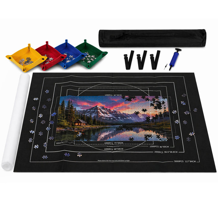 Covor pentru puzzle, Zola, 1500 - 3000 piese, dimensiuni ghidaj imprimate, 4 recipiente sortat piese, suport gonflabil, pompa, curele fixare, poliester, 140 x 100 cm