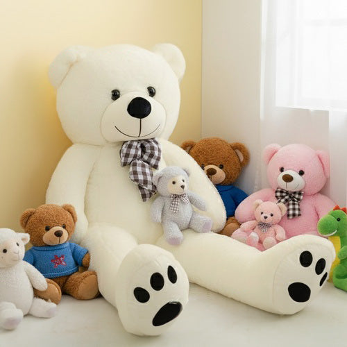 Ursulet de plus gigantic, Zola, 140 cm, funda carouri, corp flexibil, umplutura bumbac PP, poliester moale, crem