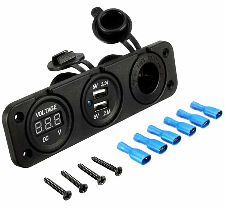 Priza auto, Zola®, impermeabila, voltmetru incorporat, 2 porturi USB de 5V, neagra, 15.2x4.3x5.5 cm