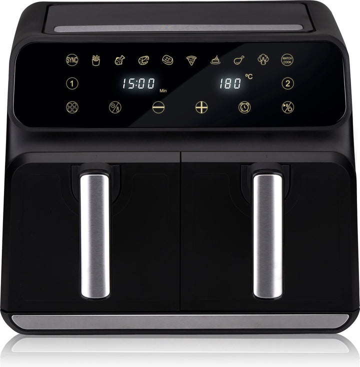 Friteuza dubla cu aer cald XL, Zola®, Air Fryer, capacitate 8 l (2 x 4 l ), 1700W, temperatura 40–200°C, afisaj LCD, control touch, 37.8x36.4x31.9 cm, neagra