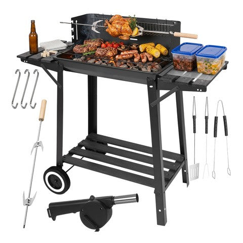 Gratar de gradina mobil cu rotisor, Zola, gratar superior, rafturi de lucru, suflanta si ustensile incluse, 93 x 41 x 86 cm, negru