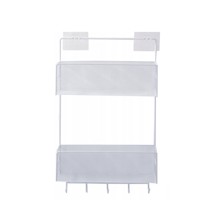 Raft organizator pentru dus, Zola, 2 cosulete, 5 carlige, din metal, 42x26x14 cm, alb