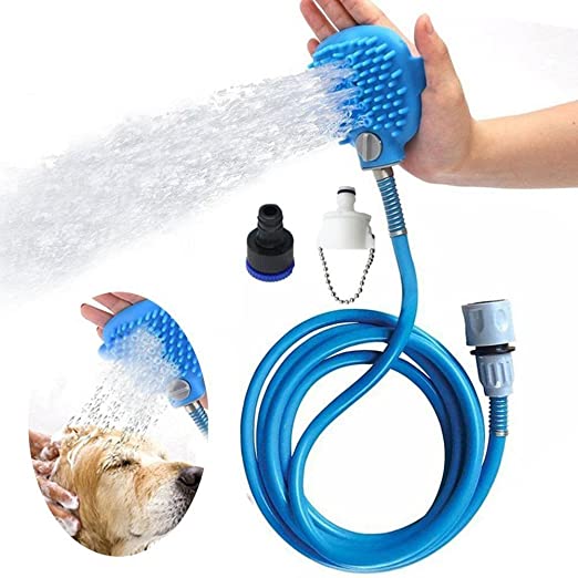 Perie de spalat/masat animalele de companie, Zola®, cu furtun, insertii din cauciuc, albastra, lungime furtun 160 cm