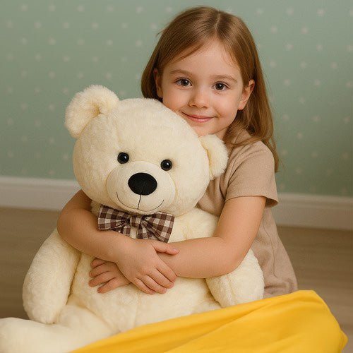 Ursulet de plus gigantic, Zola, 100 cm, funda carouri, corp flexibil, umplutura bumbac PP, poliester moale, crem