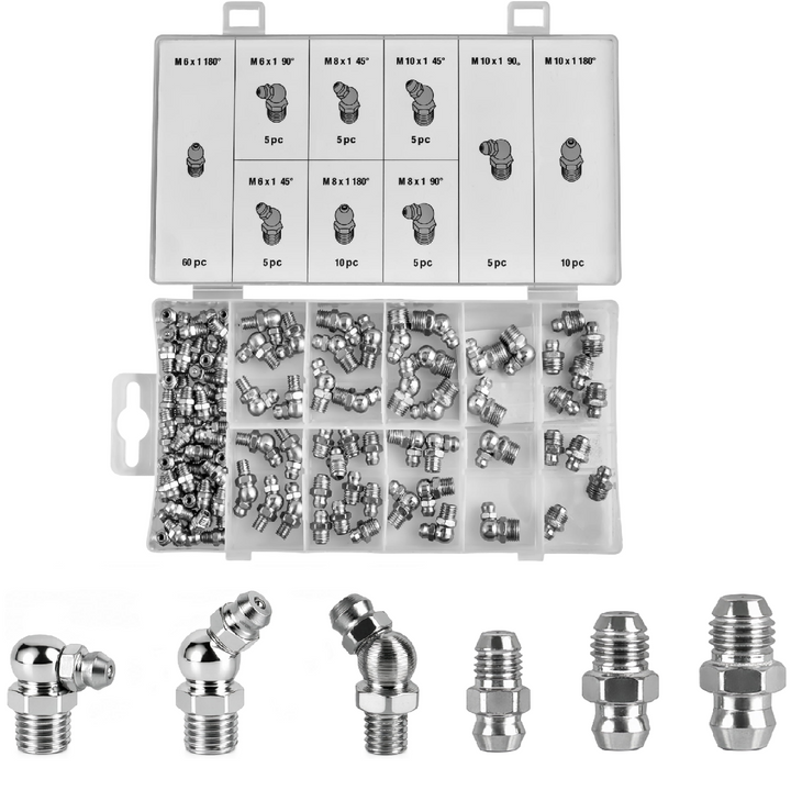 Set nipluri gresare, Zola, 110 piese, M6/M8/M10, drepte si la 45°/90°, pentru gresor, cutie depozitare