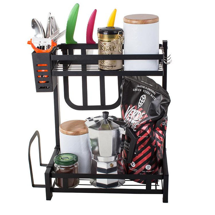 Raft de bucatarie pentru depozitare,  Zola®, cu 4 umerase, scurgator de tacamuri detasabil, negru, 40x35x22.5 cm