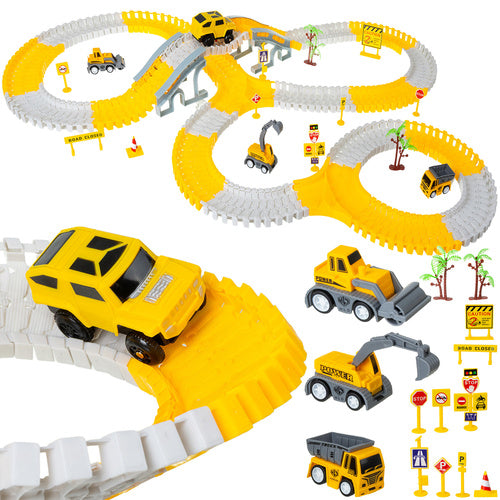 Set pista cu masina si utilaje, Zola, 255 piese, excavator, buldozer, basculanta, indicatoare, plastic, galben/alb