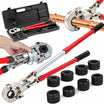 Set cleste hidraulic de serizat tevi PEX/AL/PERT si conducte, Zola, presiune 60 kN, reglare lungime parghie 57-80 cm, cap rotativ 360°, matrite TH 16/20/26/32 mm, matrite U 16/20/25/32 mm, otel
