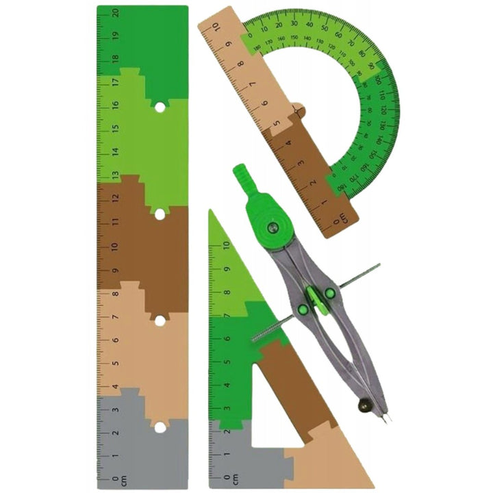 Set de geometrie 4 piese, Zola, rigla 20 cm, echer, raportor, compas, model minecraft