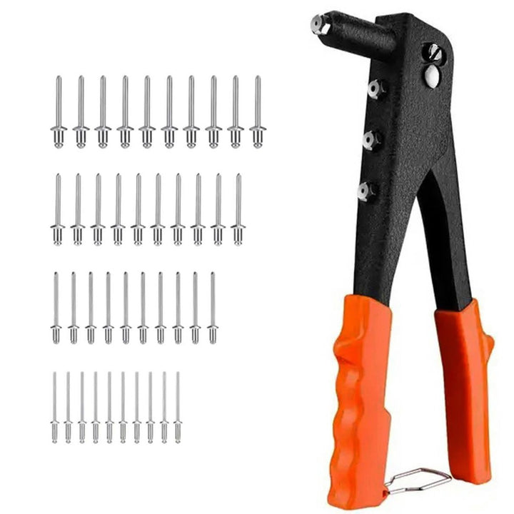 Cleste pentru popnituri, Zola, 4 tipuri de nituri, pentru bari plate/foi de metal/piele/PVC, maner ergonomic cauciucat, lungime 24 cm, negru/portocaliu