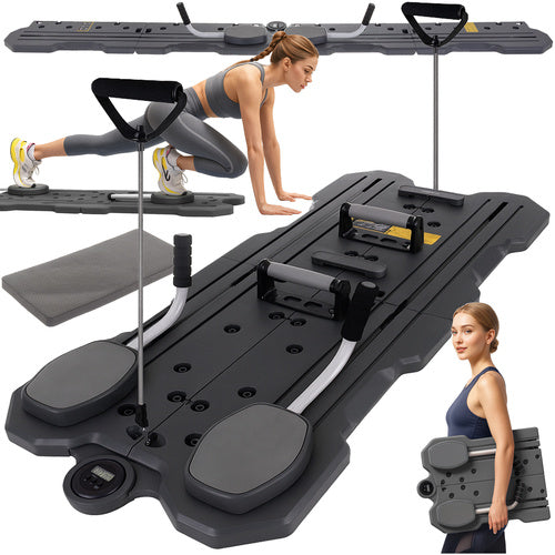 Placa de pilates pentru antrenament pliabila, Zola, extensoare, manere flotari, afisaj LCD, covoras, 47 x 115 x 3 cm, negru