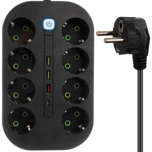Prelungitor cu 8 prize, Zola, 3 porturi USB, 1 port USB-C, IP20, cablu 2 m, 10 A, 230V/50Hz, 21.5 x 4 x 13 cm, negru