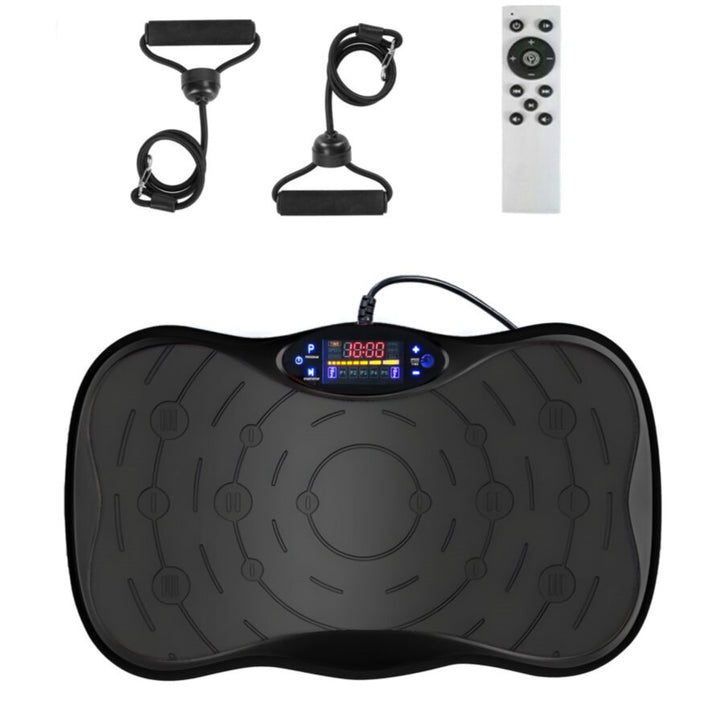 Aparat fitness cu vibromasaj, Zola, 2 benzi elastice cu manere atasabile, 5 programe diferite, 180 niveluri de viteza, afisaj LED, 50Hz, 200W, amplitudinea vibratiei 0.8 mm, functie Bluetooth si difuzoare incorporate, telecomanda, 53 x 31 x 13 cm, negru