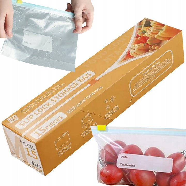 Set 15 pungi alimentare cu fermoar, Zola, capacitate 1200 ml, reutilizabile, 23x15x5 cm, transparente