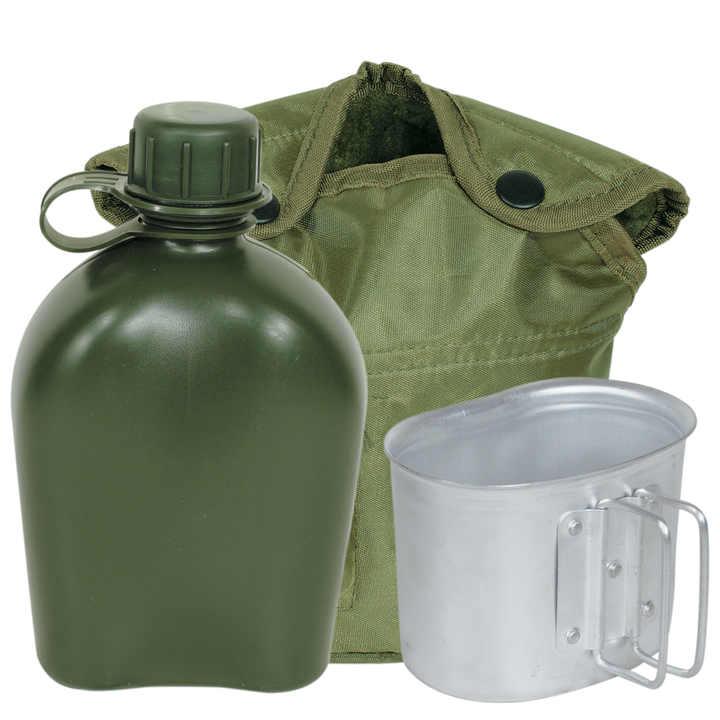 Recipient pentru apa, Zola®, husa si cana inclusa, 1 l, model militar, plastic si aluminiu, verde