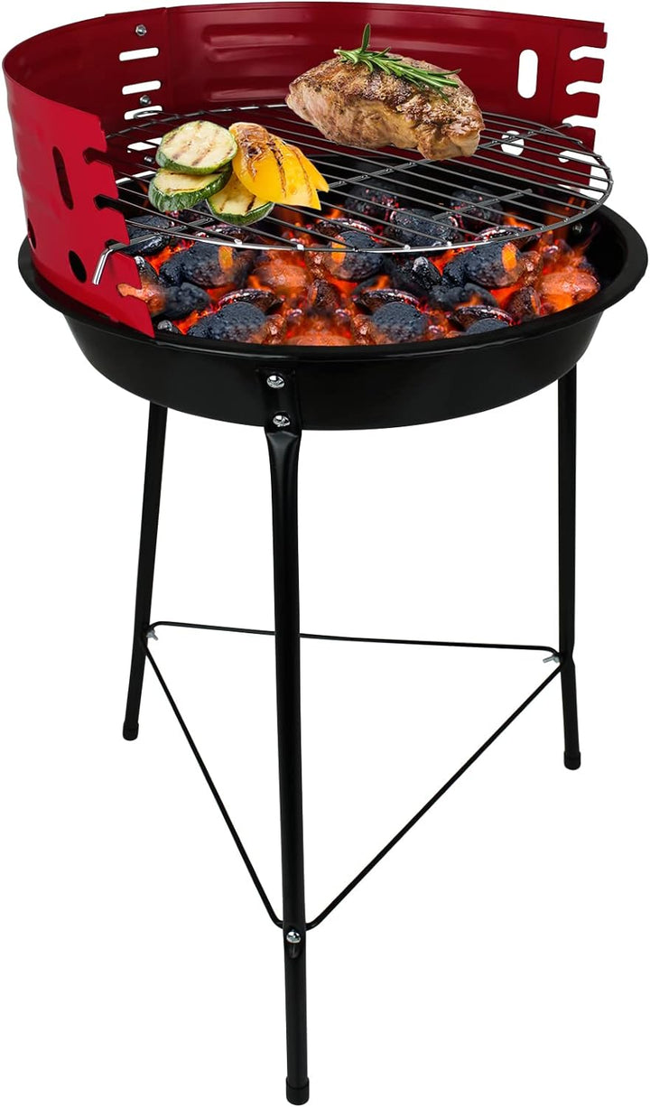 Gratar rotund pentru camping portabil, Zola, reglabil, zona de gratar diametru 32 cm, reutilizabil, 55x35 cm, rosu/negru