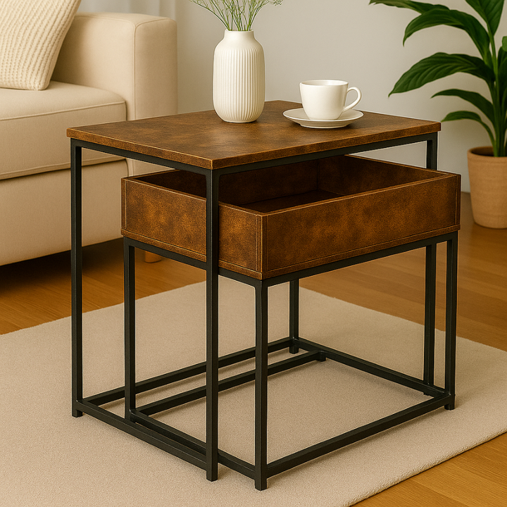 Set 2 masute de cafea moderne, Zola, cadru metalic, PAL, 60 x 30 x 50 / 55 x 29.5 x 45.5 cm, greutate suportata 10 kg, stejar fumuriu