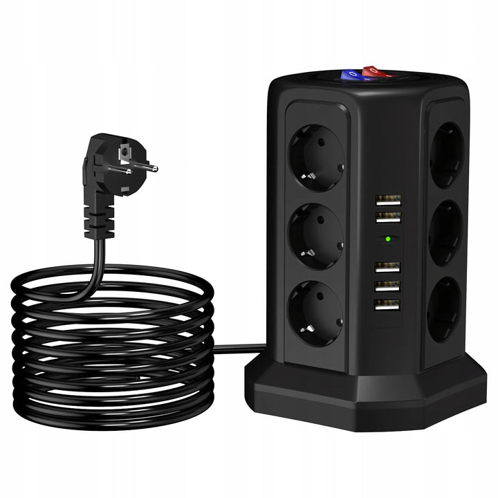 Prelungitor vertical tip turn cu protectie la supratensiuni, Zola, 12 prize, 5 porturi USB, 5V DC, 10A, cablu 1.8 m, 20 x 12 x 12 cm, nergu