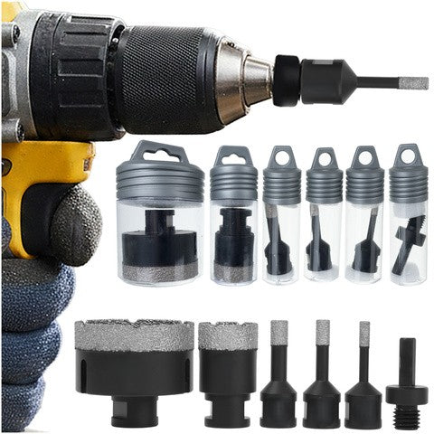 Set 5 carote diamantate si adaptor, Zola, diferite dimensiuni 6/8/10/35/68 mm, M14, otel mangan, 13.000 rpm, pentru materiale dure, negre