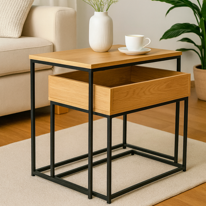Set 2 masute de cafea moderne, Zola, cadru metalic, PAL, 60 x 30 x 50 / 55 x 29.5 x 45.5 cm, greutate suportata 10 kg, stejar natur