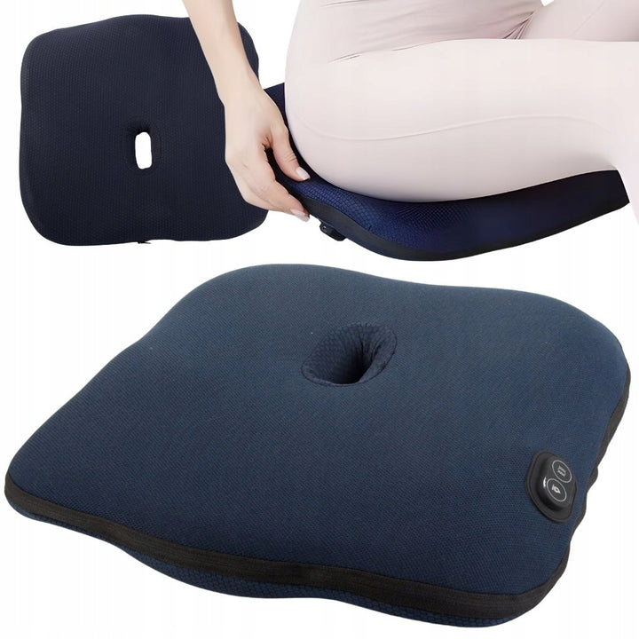 Perna ortopedica scaun, Zola, masaj vibrator si incalzire, suport coccis, spuma confort, alimentare USB, 40 x 40 x 7 cm, bleumarin