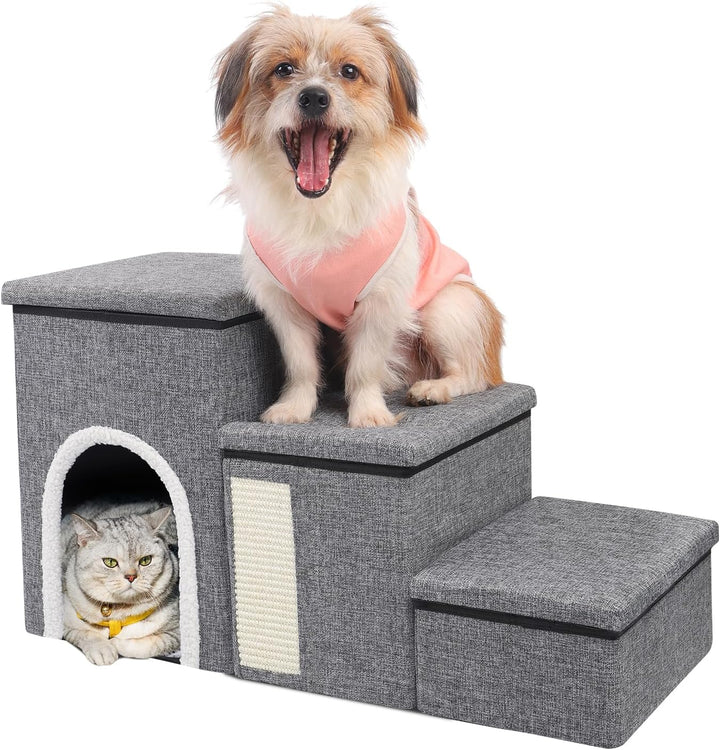 Casuta multifunctionala pentru pisici cu 3 trepte, Zola,cu pat moale, panou de zgariere din sisal si jucarie suspendata, pliabila, 76 x 42 x 33 cm, gri