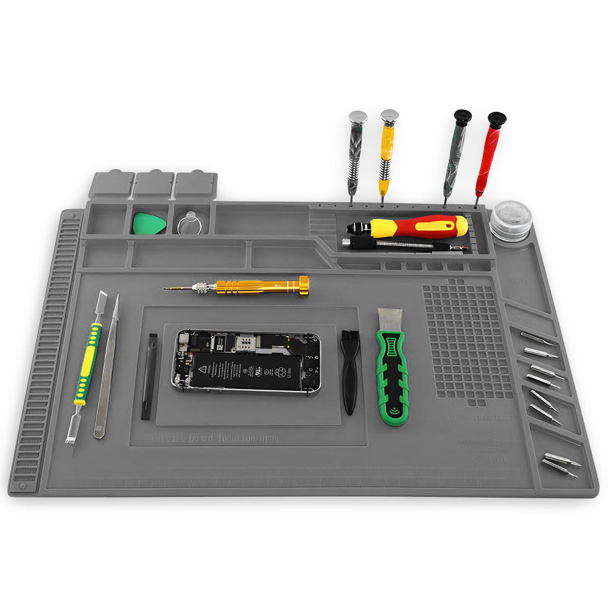 Covoras din silicon rezistent la caldura, Zola,  organizator service, 4 buzunare magnetice, marcaje si linii de masurare, loc special pentru surubelnite, gri, 30 x 45 cm