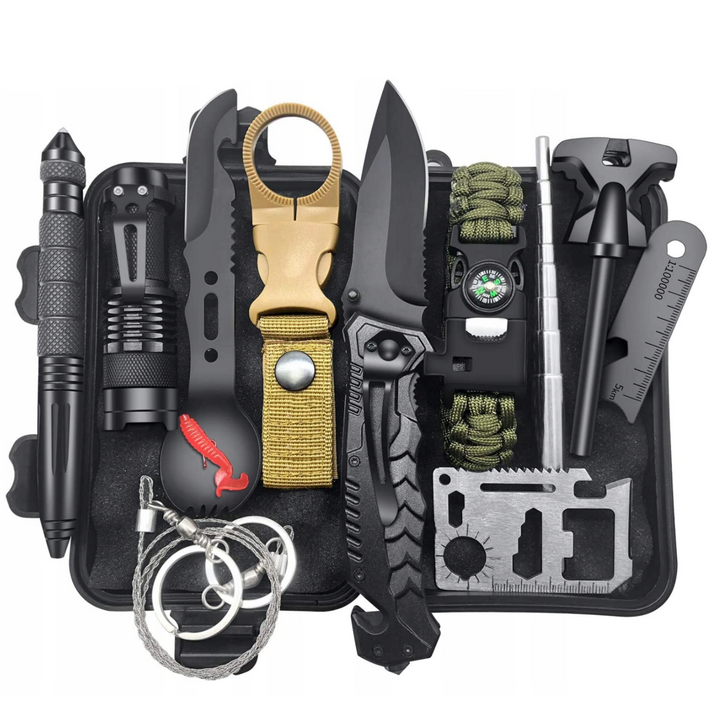 Kit multifunctional de supravietuire, Zola, 12 in 1, tacam multifunctional, card supravietuire, fierastrau, cutit, franghie, bratara, lanterna, folie