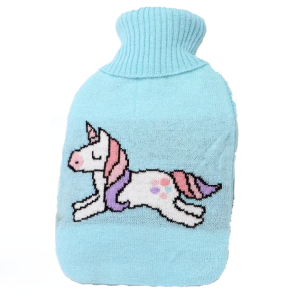 Perna pentru apa calda, Zola, capacitate 2 l, din cauciuc, cu husa model unicorn albastru