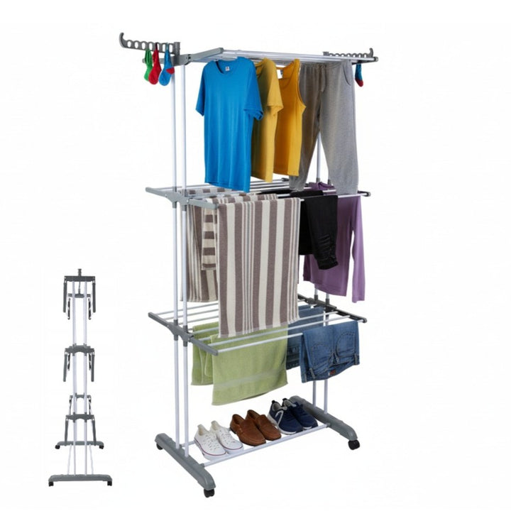 Uscator de rufe pliabil vertical, Zola, 4 niveluri, 2 suporturi umerase laterale, roti pivotante, 72 × 64 × 170 cm, alb/gri deschis