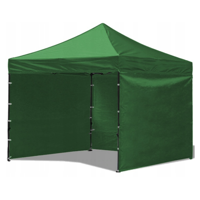Cort pavilion pliabil 3 x 3 m, Zola, 3 pereti laterali detasabili, structura metalica din otel, inaltime reglabila, prelata impermeabilia, 600D, rezistent la apa si raze UV, verde