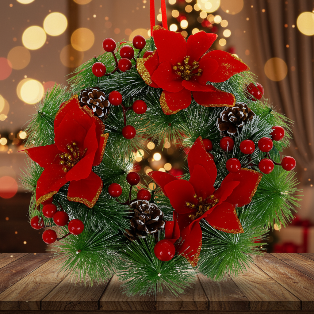 Coronita decorativa de Craciun, Zola, 30 cm, brad artificial, decoratiuni rosii, pentru masa/usa,  cu agatatoare