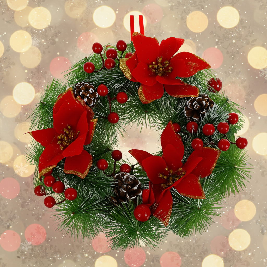 Coronita decorativa de Craciun, Zola, 30 cm, brad artificial, decoratiuni rosii, pentru masa/usa,  cu agatatoare