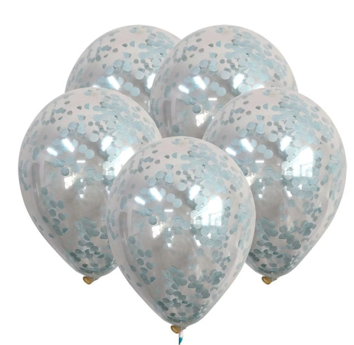 Set 5 baloane, Zola®, transparente cu confetti albastre, 23 cm