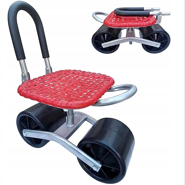 Scaun de gradinarit cu roti, Zola, rotire 360°, spatar pliabil, greutate maxim suportata 100 kg, otel/plastic, 46 x 32 x 25-35 cm, rosu