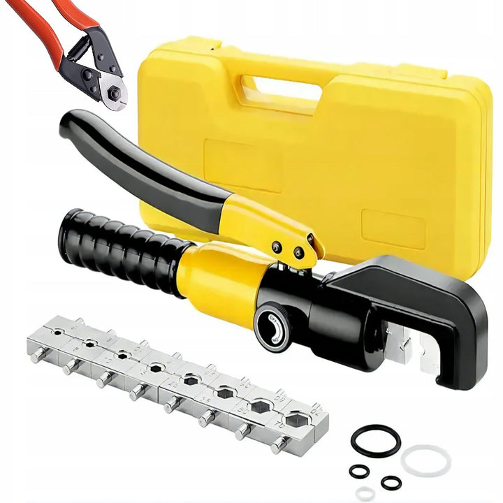 Set cleste de sertizat hexagonal hidraulic si cleste de taiat, Zola, interval de lucru 4-70 mm², 8 matrite, forta 10 T, cutie depozitare, otel, 31 cm, negru/galben